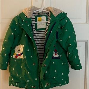 Baby Boden Green Star Print Coat with Bear Patch